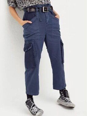 Free People Blue Boyfriend Zion Cargo Pants Women's Medium Boho Relaxed Cropped